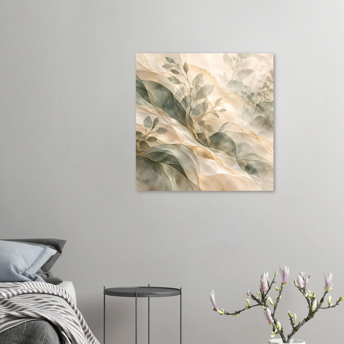 Quadratisches botanisches Kunstposter mit Blättermotiv in Salbei- und Cremefarben