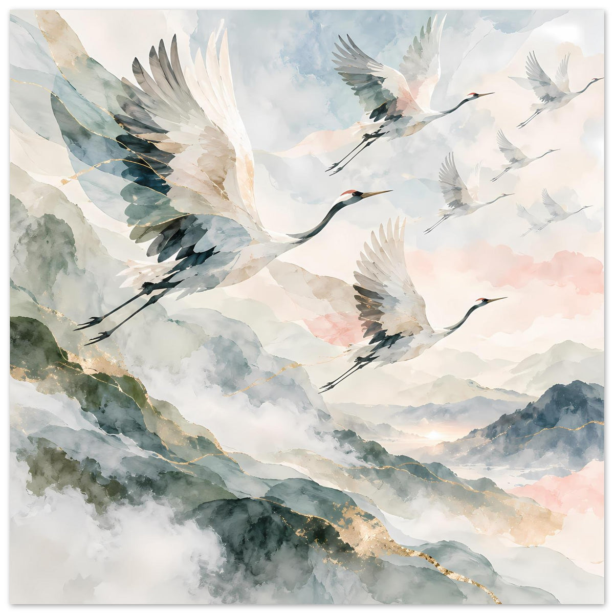 Vertikales Poster mit fliegenden Kranichen im Aquarellstil und Goldakzenten