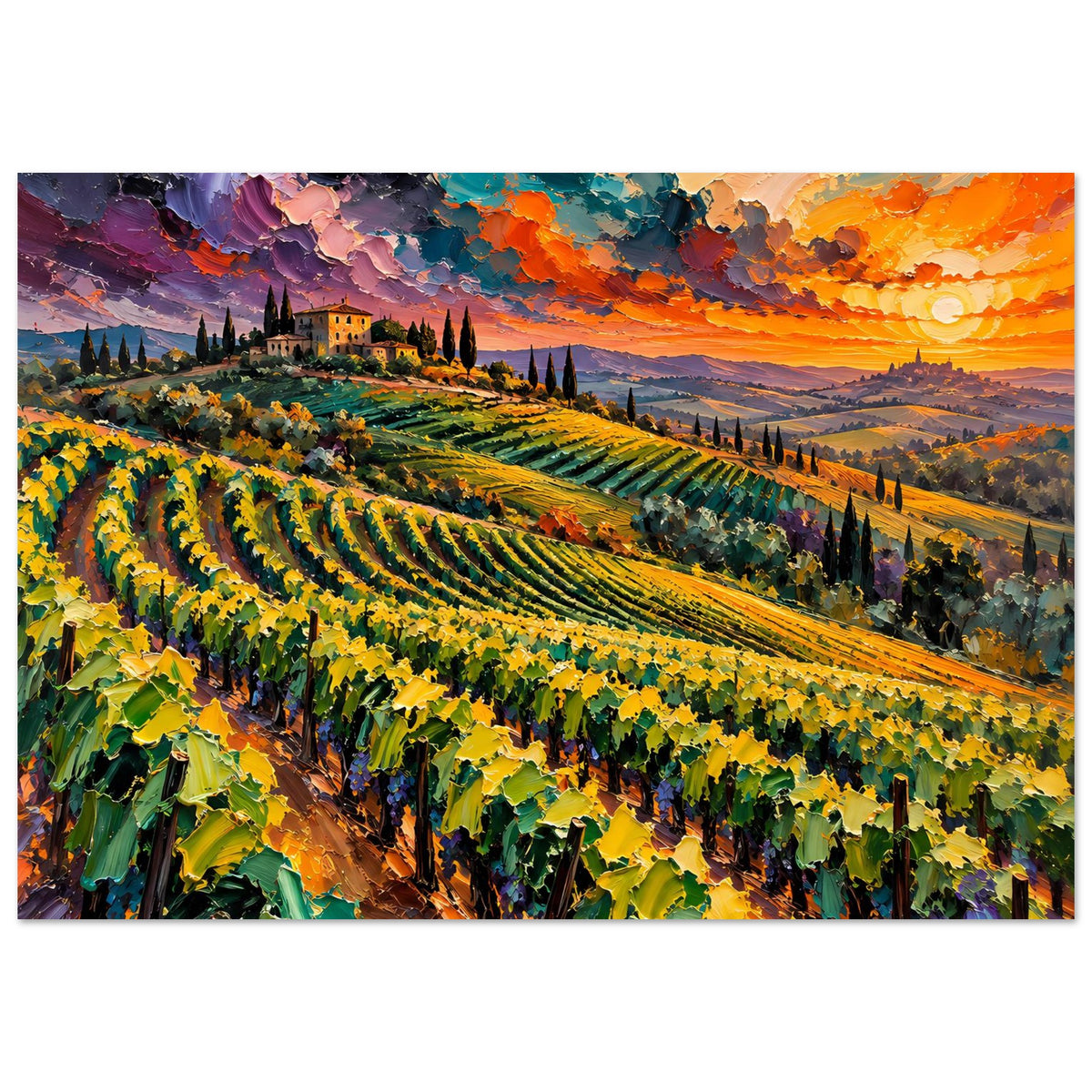 Landschaftsposter mit Weinreihen und Landschaft im Hintergrund, orangeblauer Sonnenuntergang