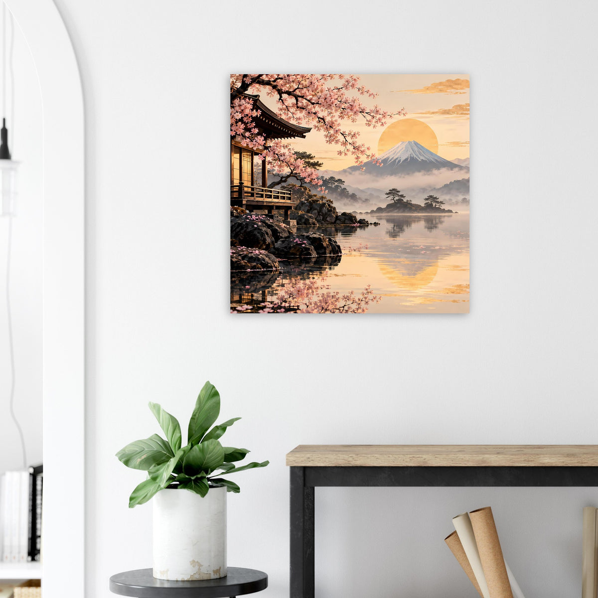 Gerahmtes quadratisches Poster mit Kirschblüten, Tempeldach, Fuji im Sonnenuntergang