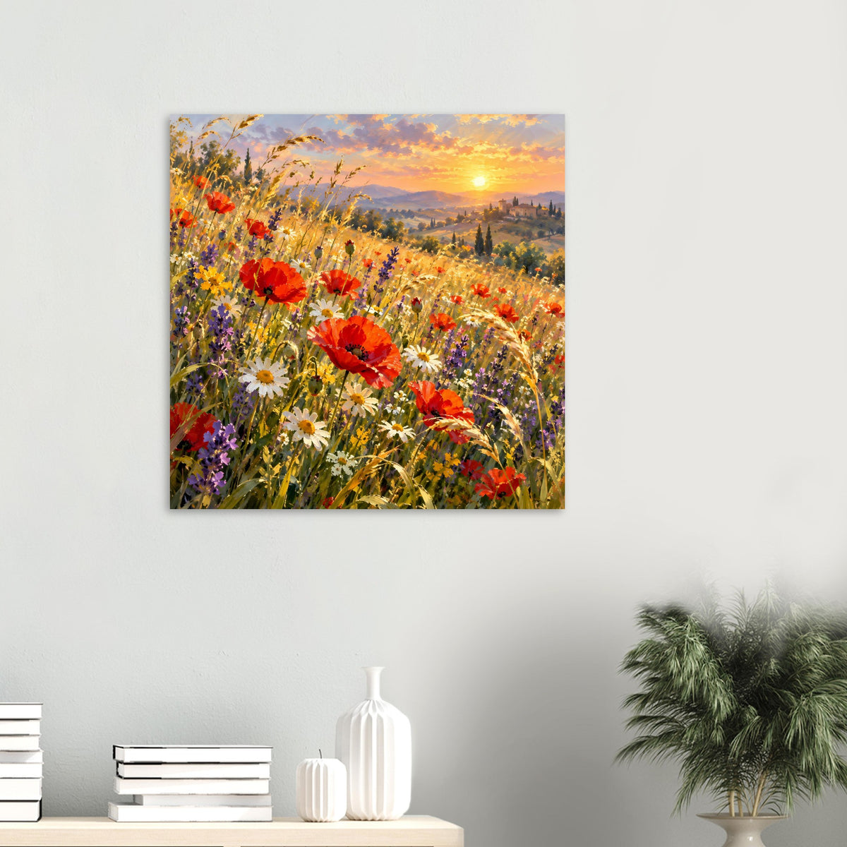 Quadratisches Wildblumen-Poster: Blumenwiese mit roten Mohnblüten und gelbem Sonnenuntergang