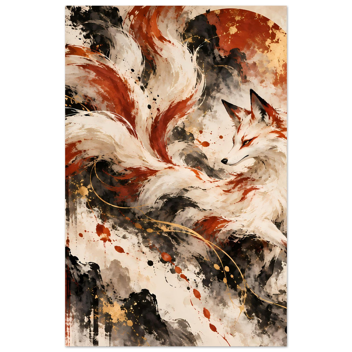 Fantasy-Poster: Fuchs mit neun Schweifen, weißes Fell, orange-braune Farben, Farbspritzer
