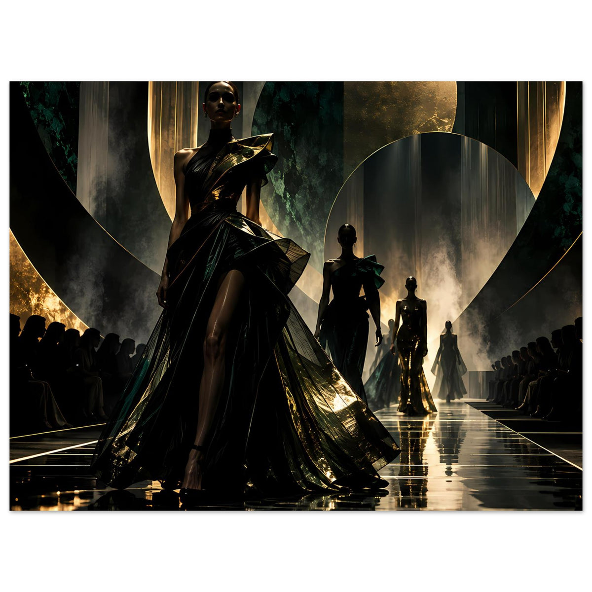 Runway-Fashion-Poster mit schwarzem Kleid, goldenen Akzenten und langen Schatten auf dem Steg