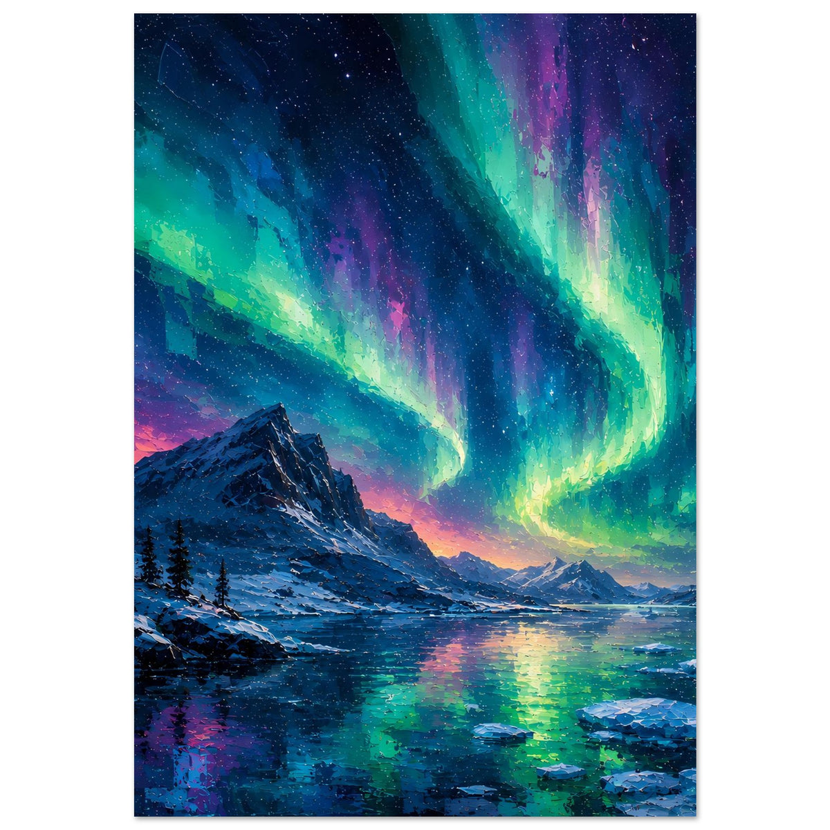 Fine-Art-Poster: Nordlicht in Grün, Blau und Pink über schneebedeckten Bergen und Wasser.