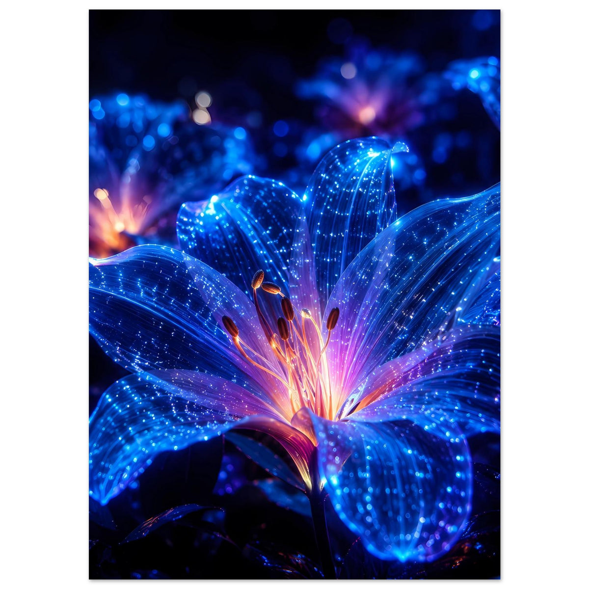 Blumenposter, vertikal: strahlend blaue Blüten mit Glitzerpunkten und warmem orangenen Kern