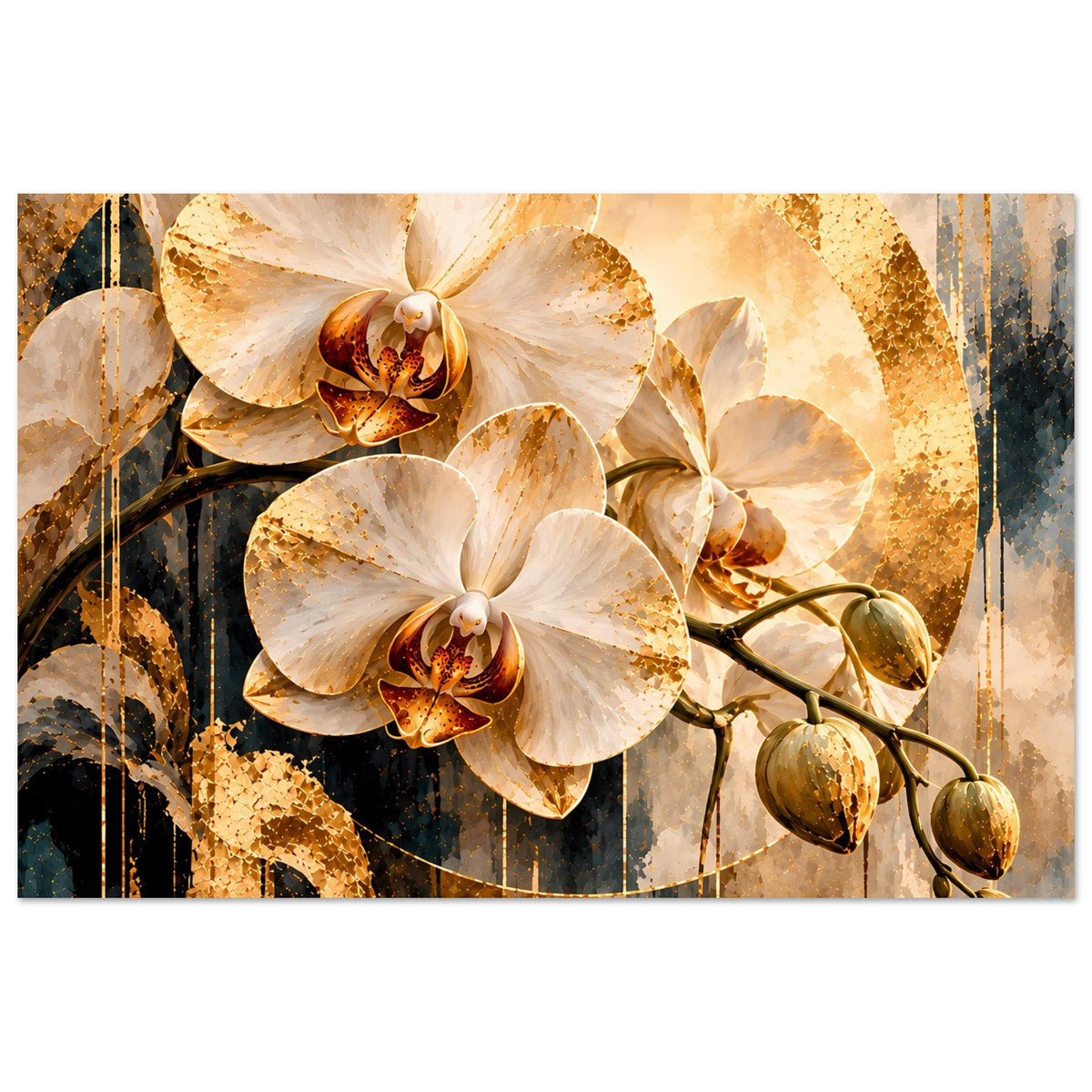 Orchideen-Kunstposter, Querformat: große weiße Orchideenblüten mit goldenen Spritzern und dunklen Linien