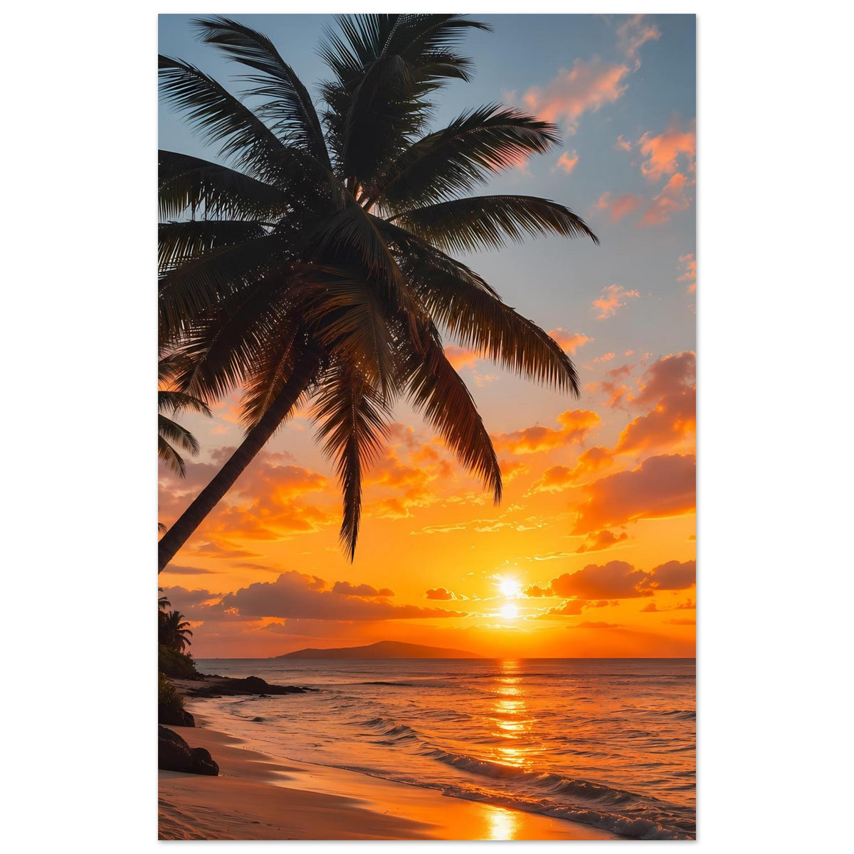 Schmaleres Poster mit Palme, Strand und Sonnenuntergang am Horizont