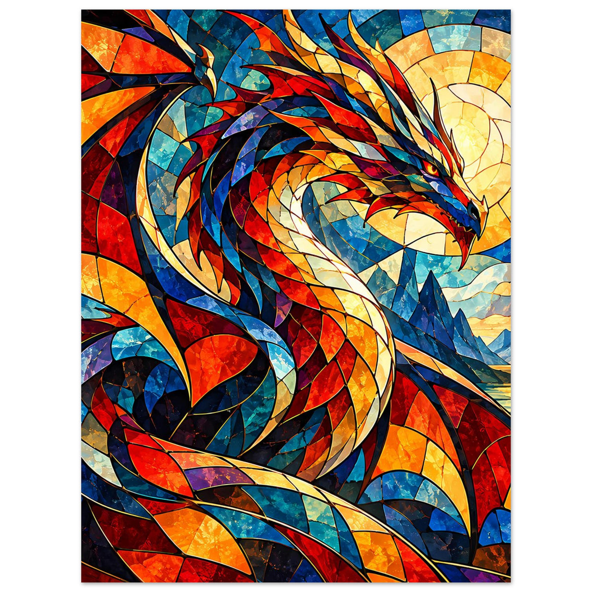 Poster mit Drachen in Glasmalerei, buntes Schuppenmuster und Flammenfarben aus Rot und Blau