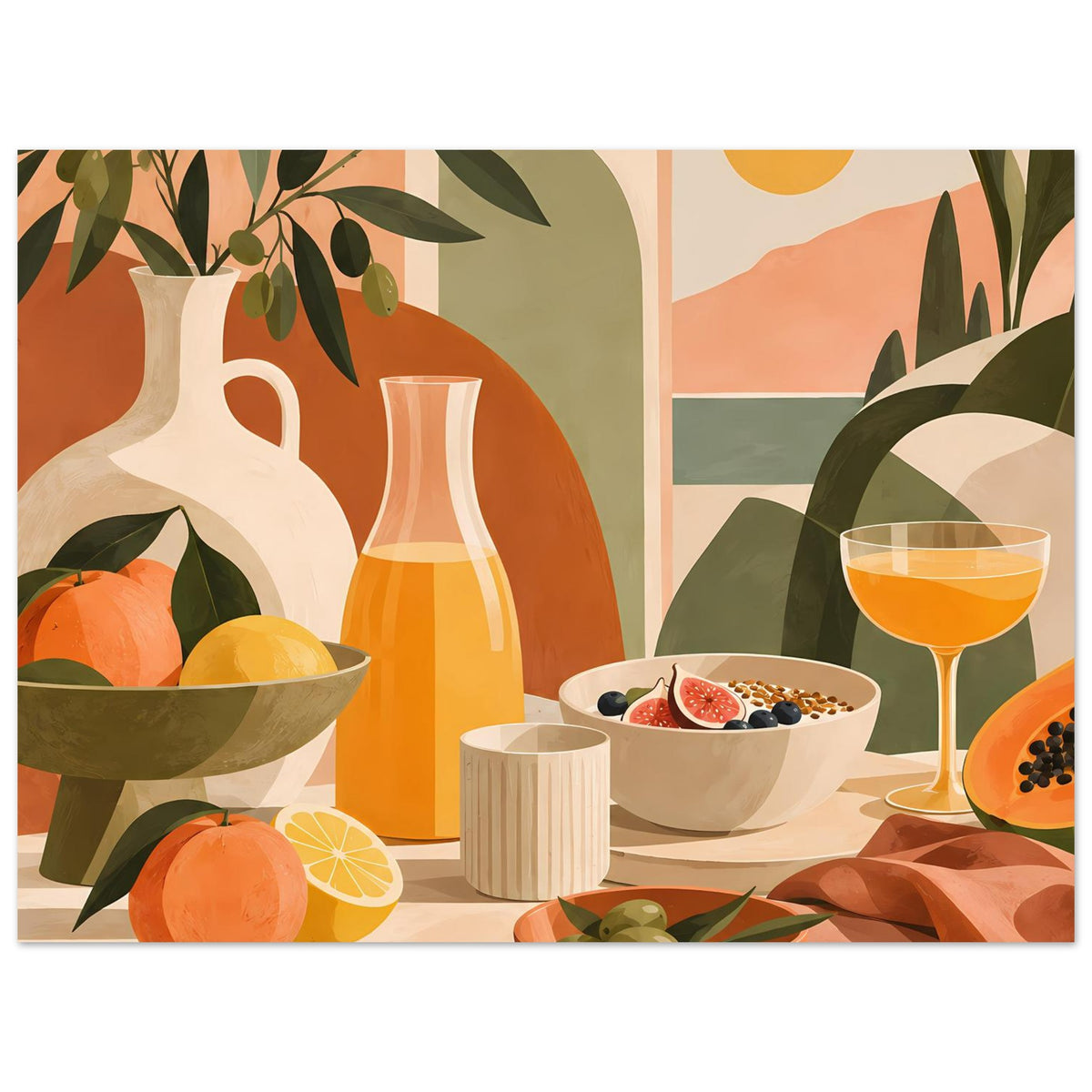 Still-Life-Poster, Nahansicht: Vase, Obstschale mit Beeren, Weinglas und Oliven-Schüssel