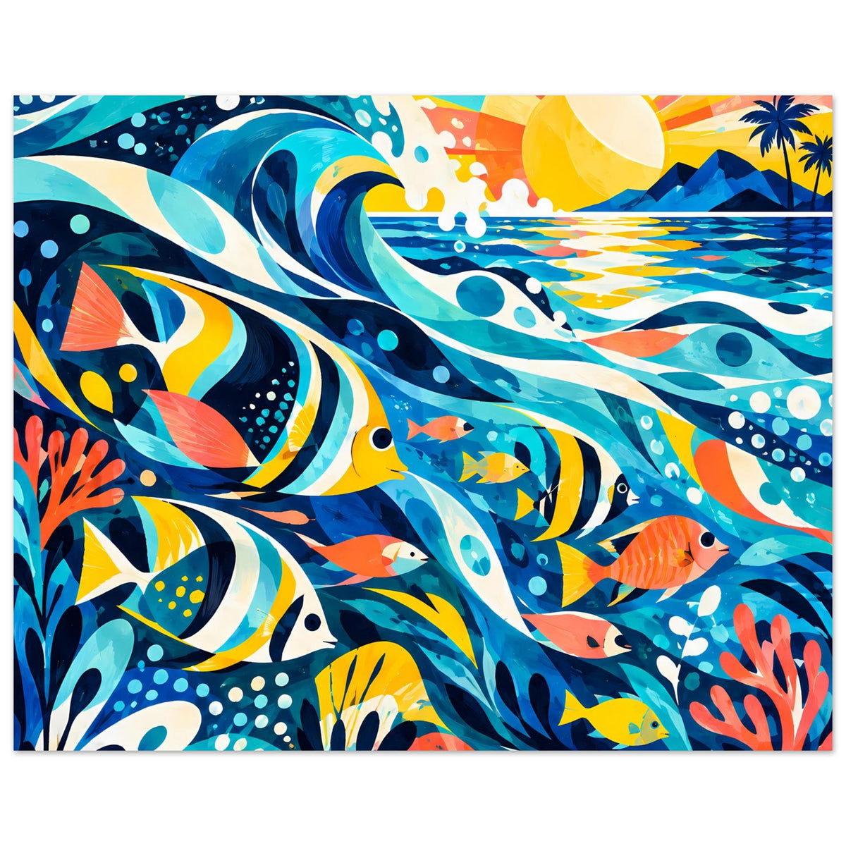 Querformat-Poster: bunte Fische, Meerwellen, Korallen und Sonnengelb im Stil eines Tropenmeers