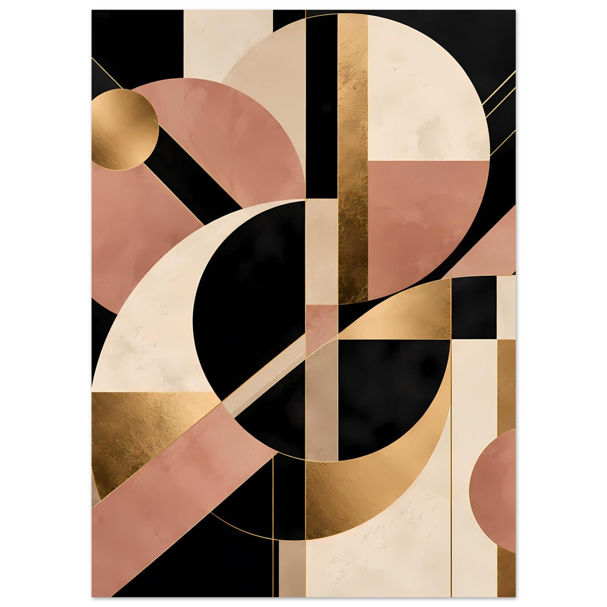 Art-Deco-Poster mit verschachtelten Halbkreisen, goldenen Flächen und Rauten in Schwarz, Blush und Creme