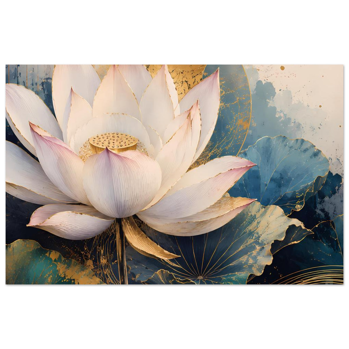 Horizontal geschnittenes Lotusblumen-Poster mit weißer Blüte und blau-goldenem Muster im Hintergrund