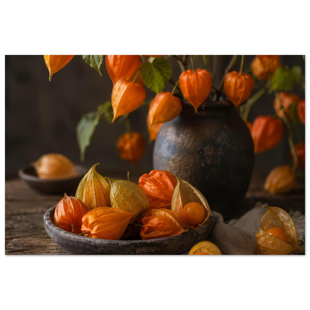 Vertikales Herbstposter mit Schüssel voller Kürbisse und Vase, orangefarbene Früchte
