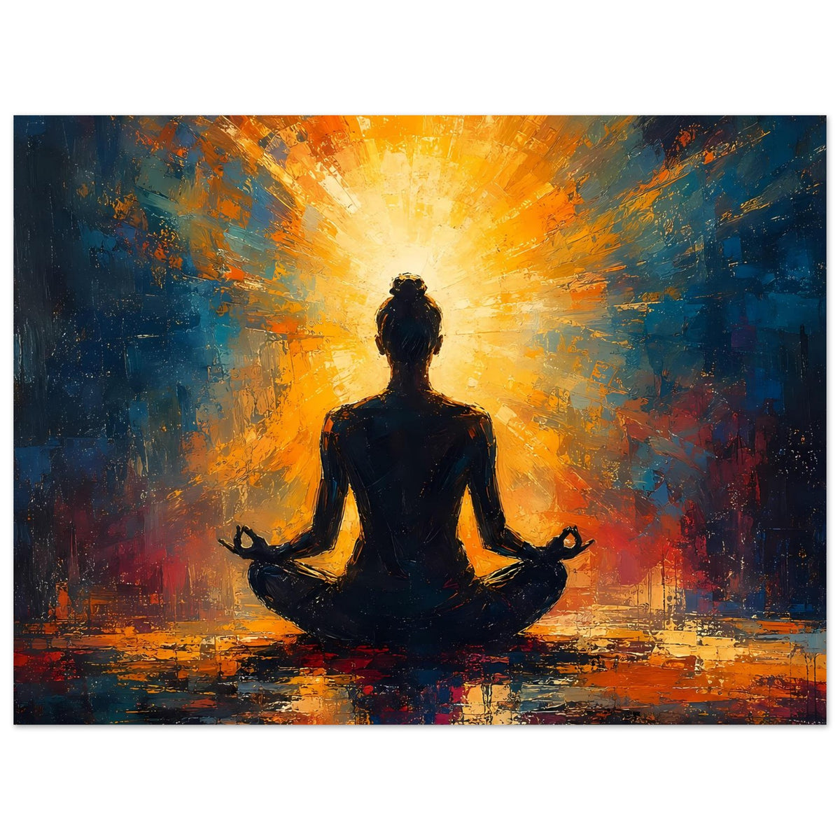 Hochkant-Poster mit Meditationssilhouette, goldorange Lichtstrahlen und abstraktem Hintergrund in Blau/Rot