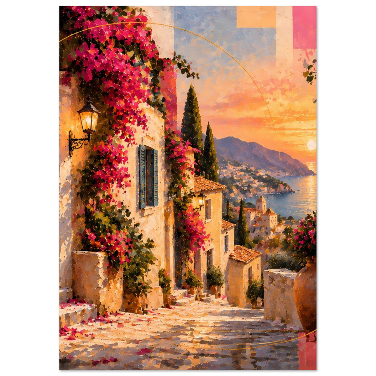 Mediterranes Sonnenuntergangs-Poster mit Blumenranken an Gebäuden und Sonnenuntergang am Meer