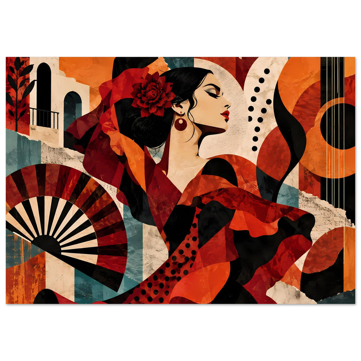 Tanzposter mit Flamenco-Tänzerin im Profil und rotem Kostüm, Fächer links, Grafik Rot/Schwarz.