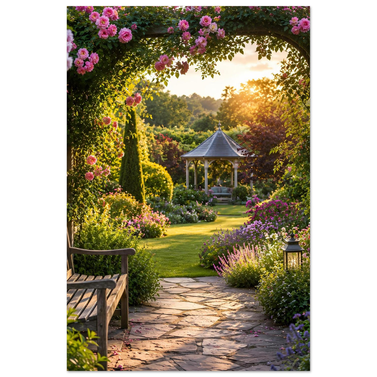 Vertikales Naturposter mit Gartenweg, Holzbank links, Laterne und blühenden Bögen