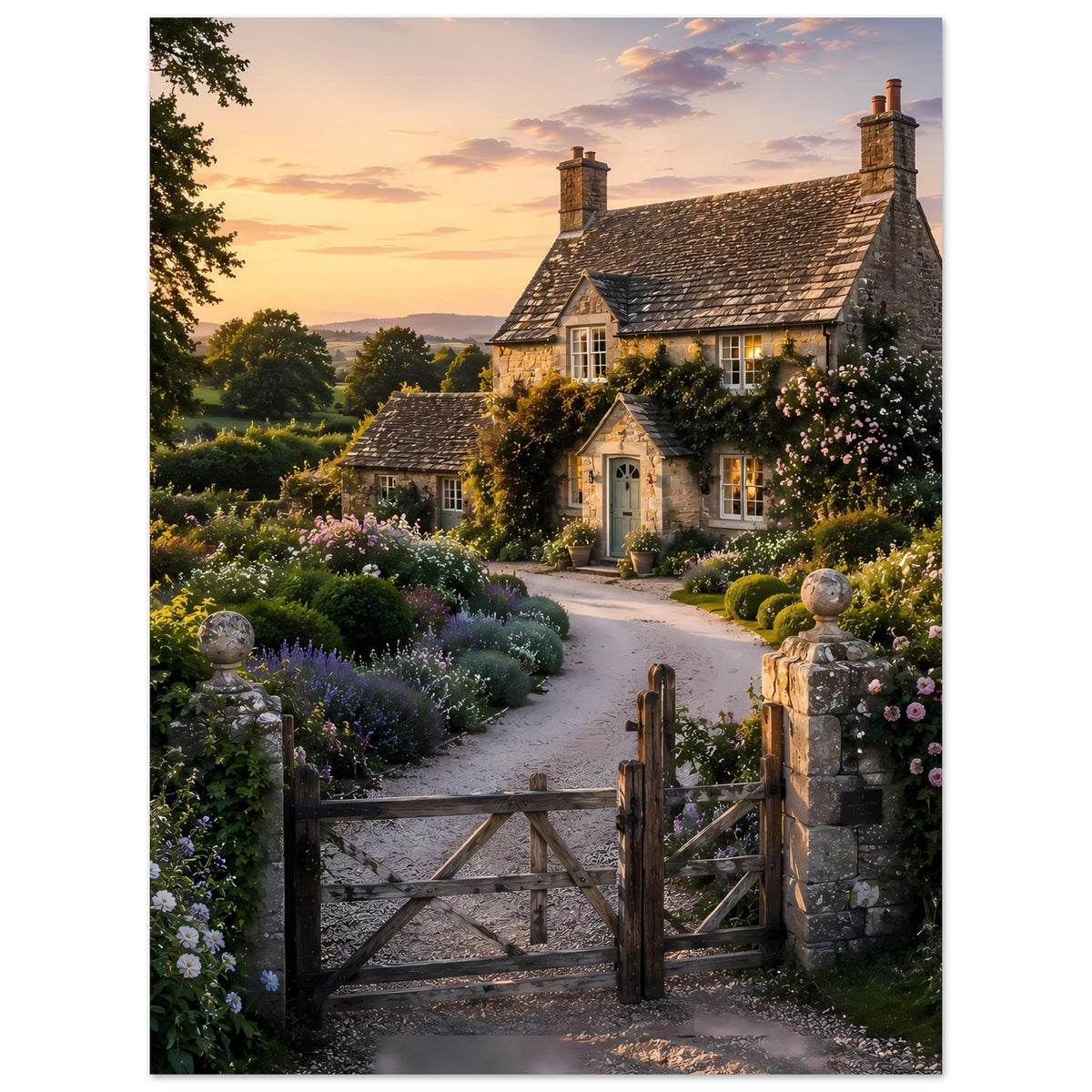 Poster im Hochformat: Landhaus mit blühenden Sträuchern, Gartenweg und Holztor im Vordergrund