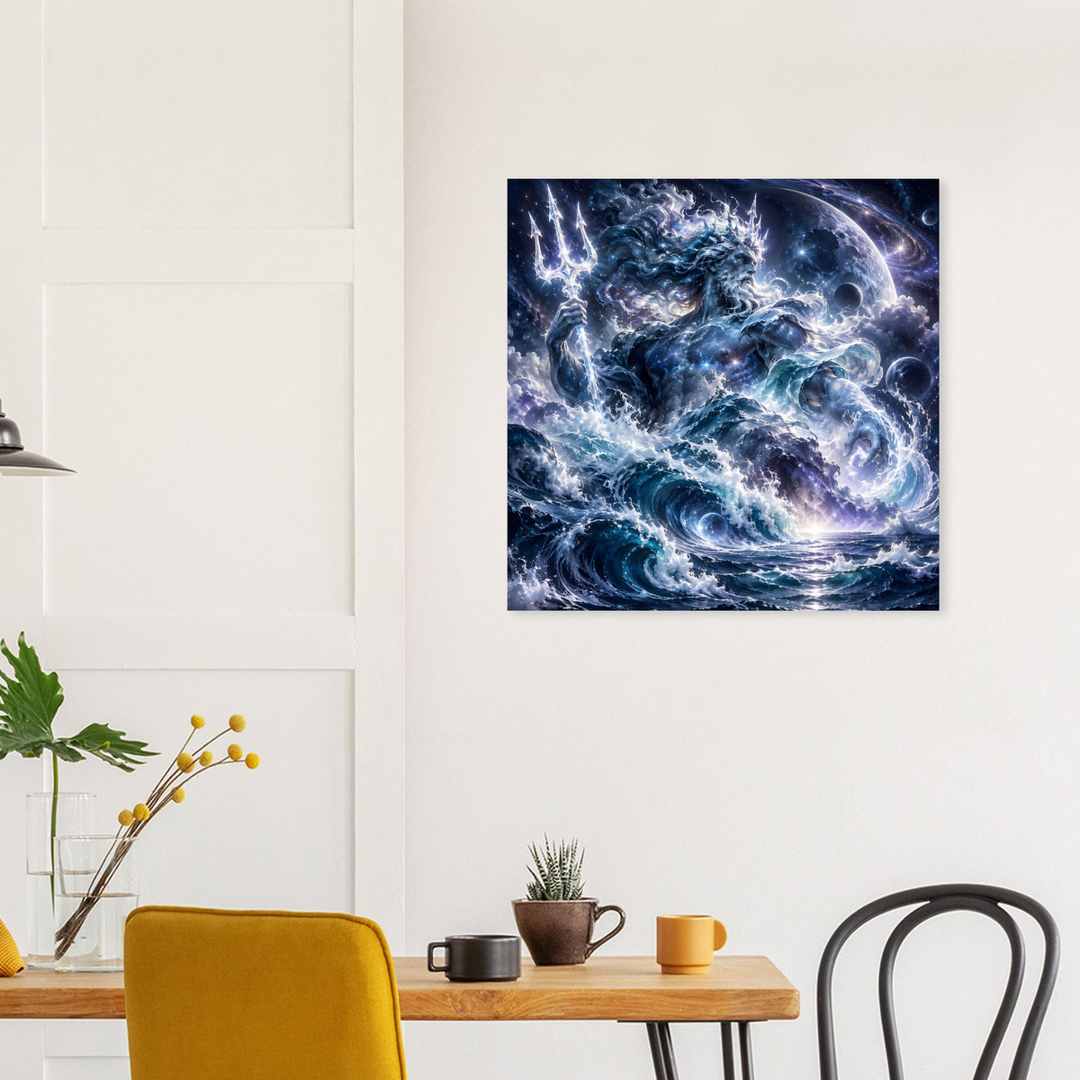 Poster mit blauem Mond- und Meereswirbelmotiv, quadratisch über Sideboard