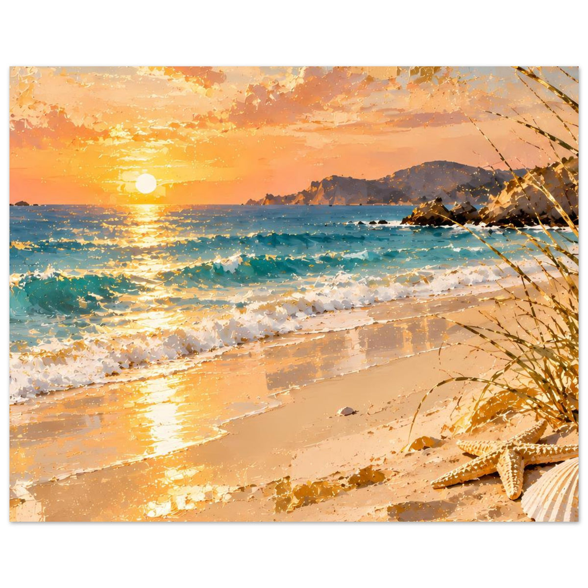 Querformat-Poster: sonnige Strandpromenade mit türkisblauem Wasser und goldenen Akzenten