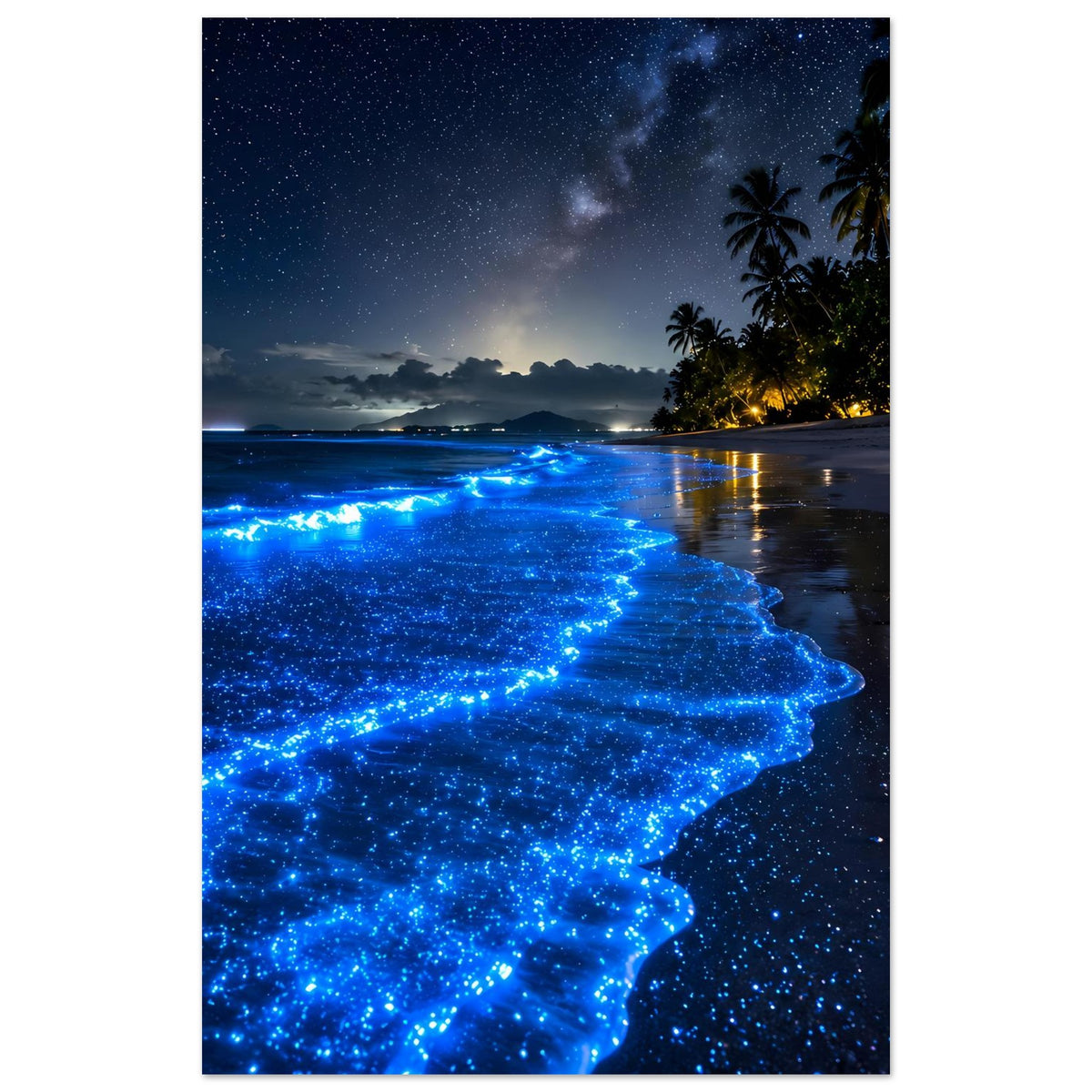 Hochformat-Poster: leuchtend blaue Wellen am Strand, Palmen rechts im Bild