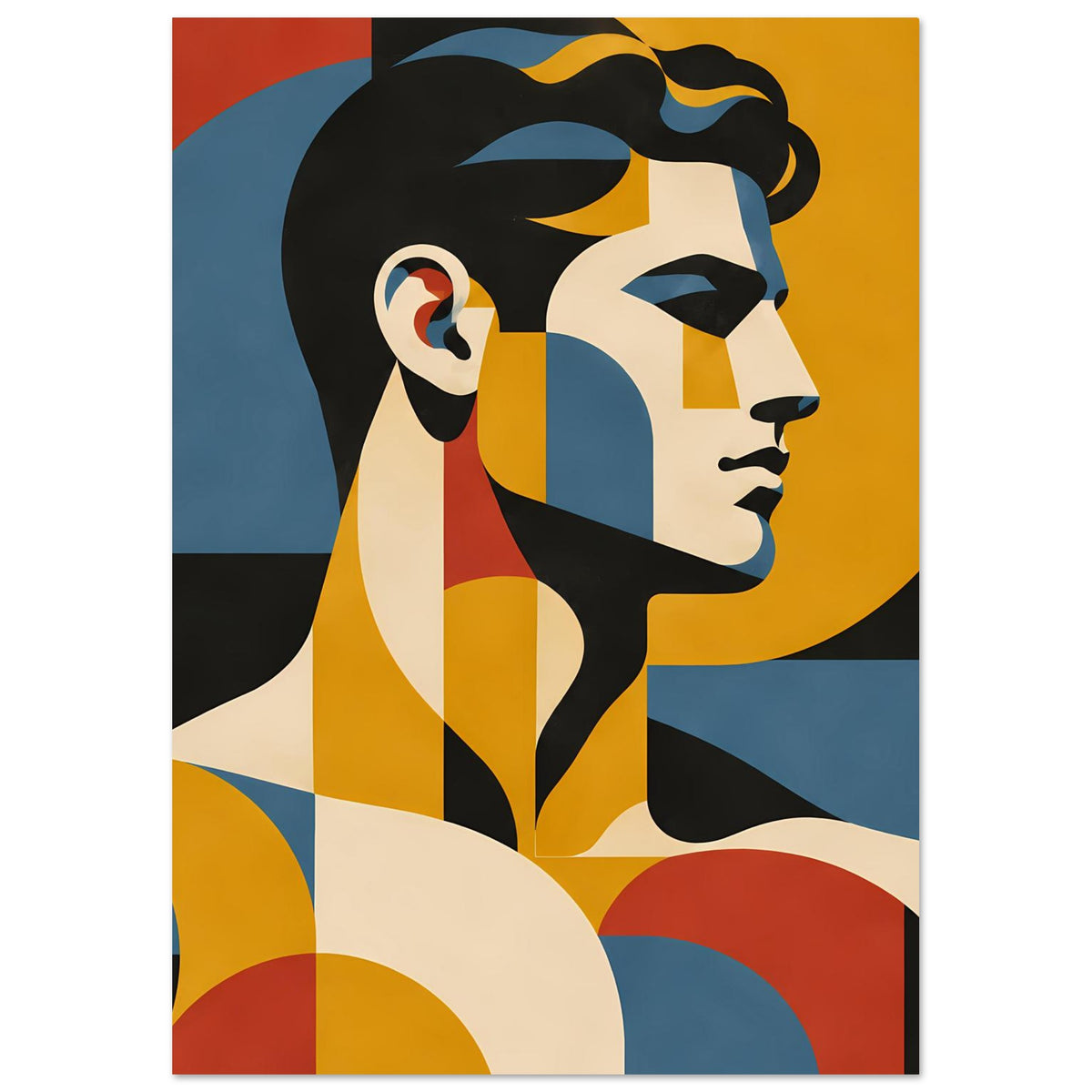 Geometrisches Portrait-Poster: Frauenkopf im Stil abstrakter Bauhaus-Geometrie, bunt