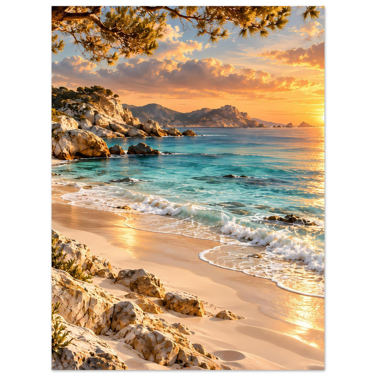 Strandlandschafts-Poster mit Sonnenuntergang, ruhigem Küstenwasser, Sandstrand, Felsen und Wellen
