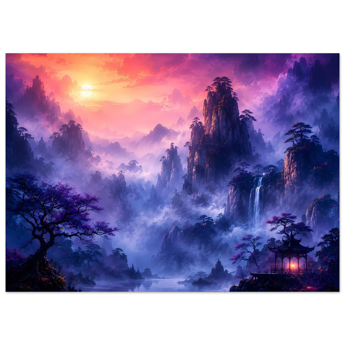 Fantasy-Poster mit violettem Himmel, hohen Felsen, Nebel und Wasserfall