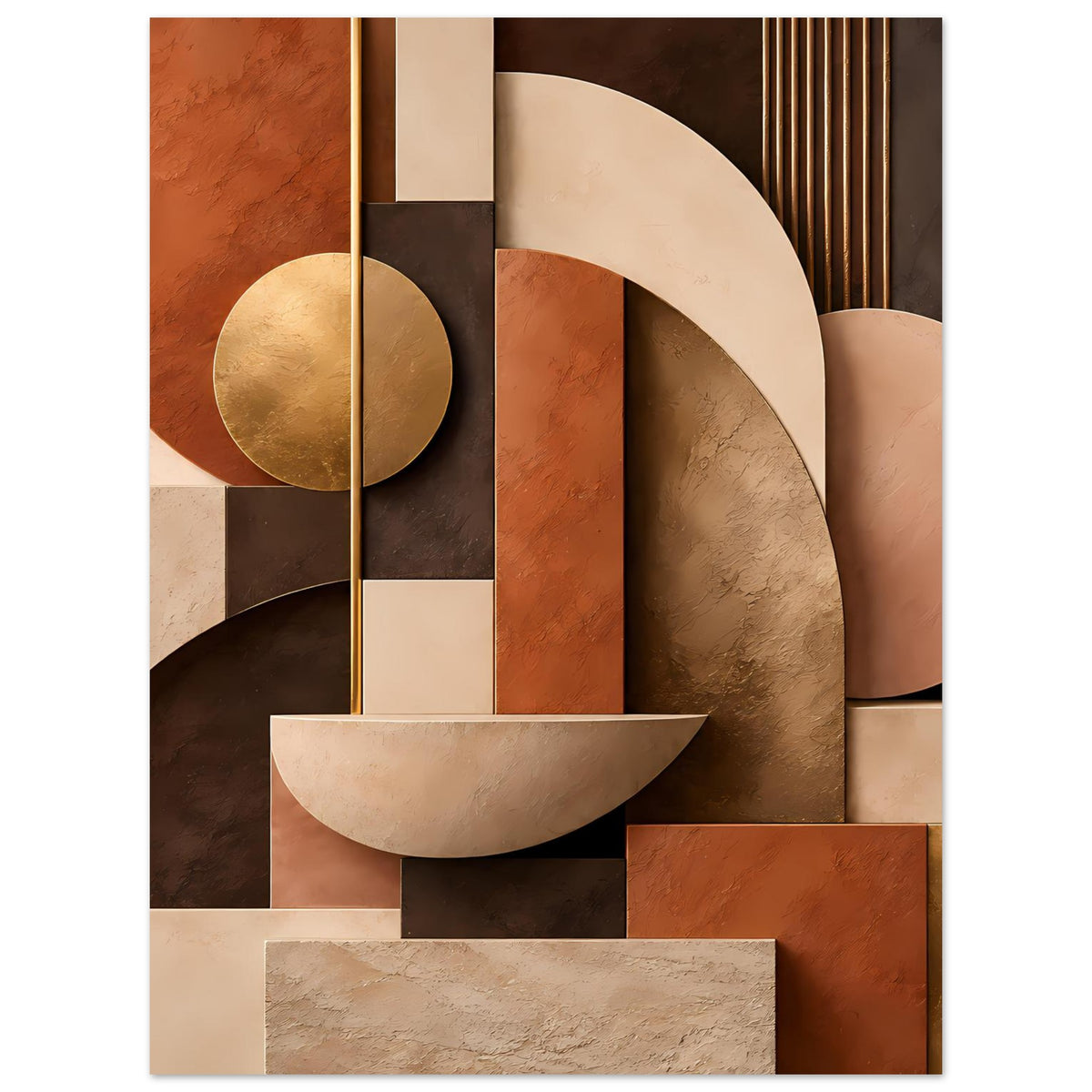 Kunstposter mit geometrischer Komposition aus Rechtecken, Halbkreisen und goldenen Akzenten