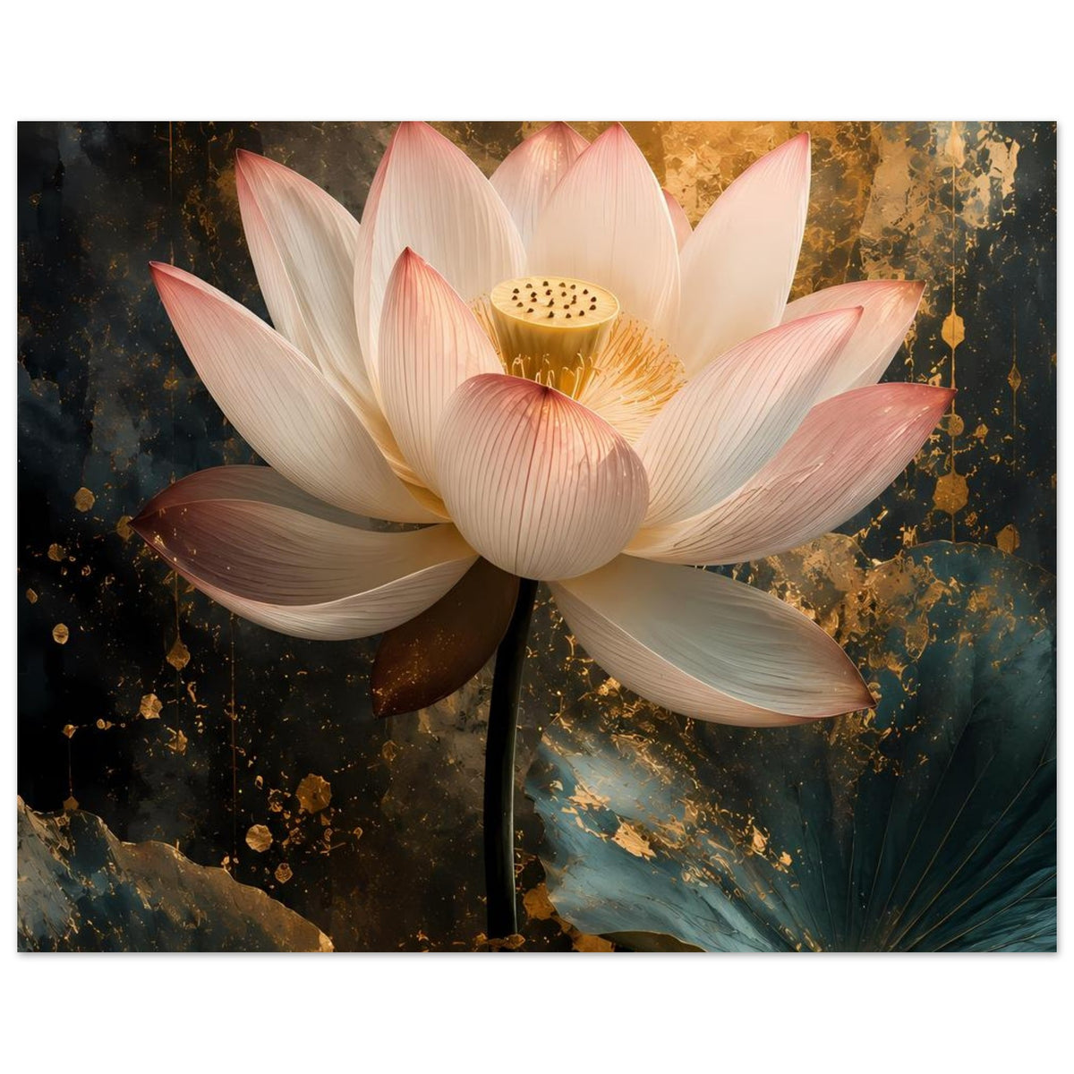 Poster mit weißer Lotusblüte und goldener Mitte, Blütenblätter in Pastellrosa und Creme