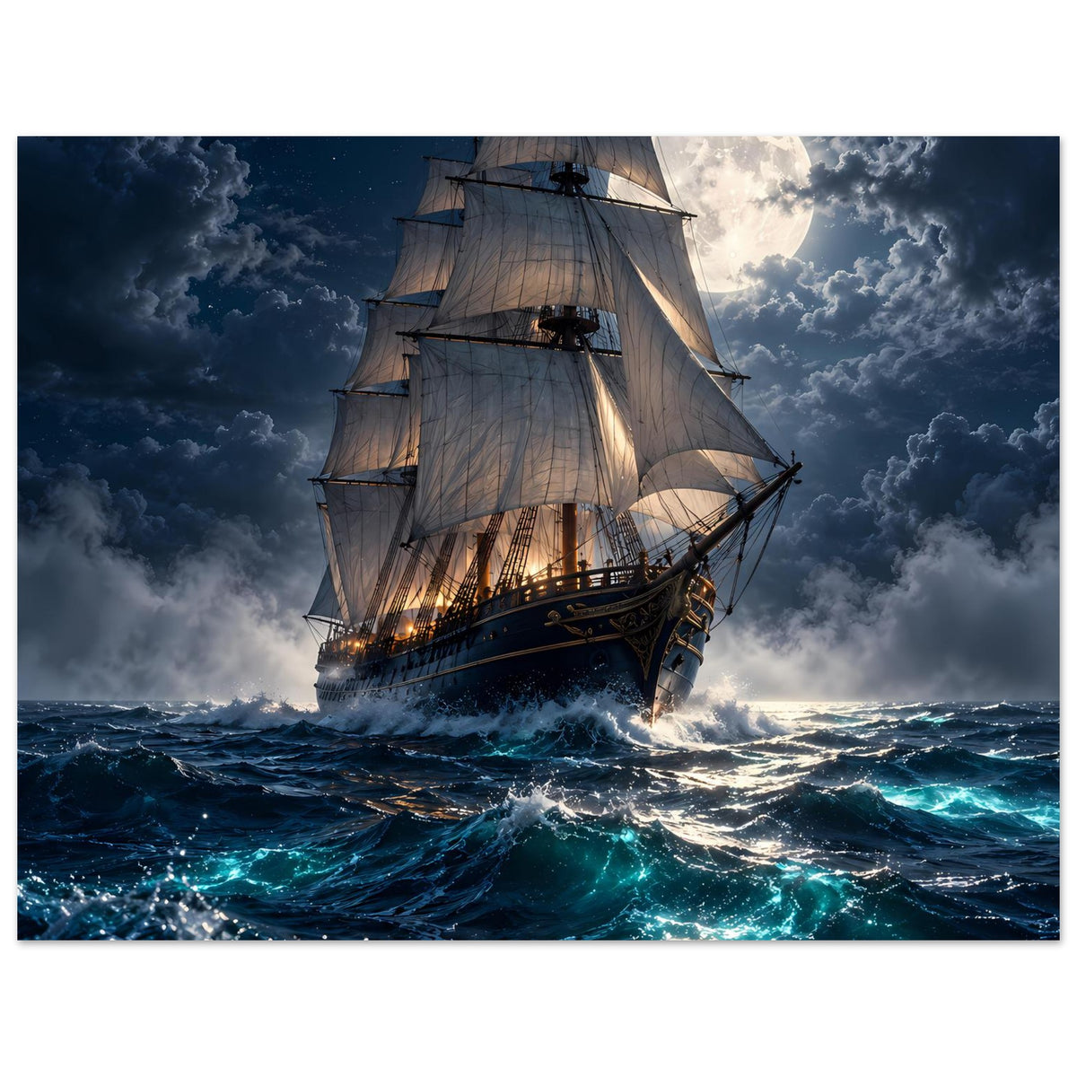 Querformat-Segelschiff-Poster mit Segeln, Vollmondlicht und bewegter See