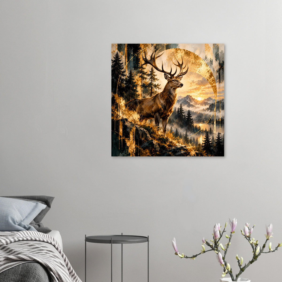 Wandposter mit Hirsch und Geweih, goldener Abendsonne über bewaldeter Landschaft
