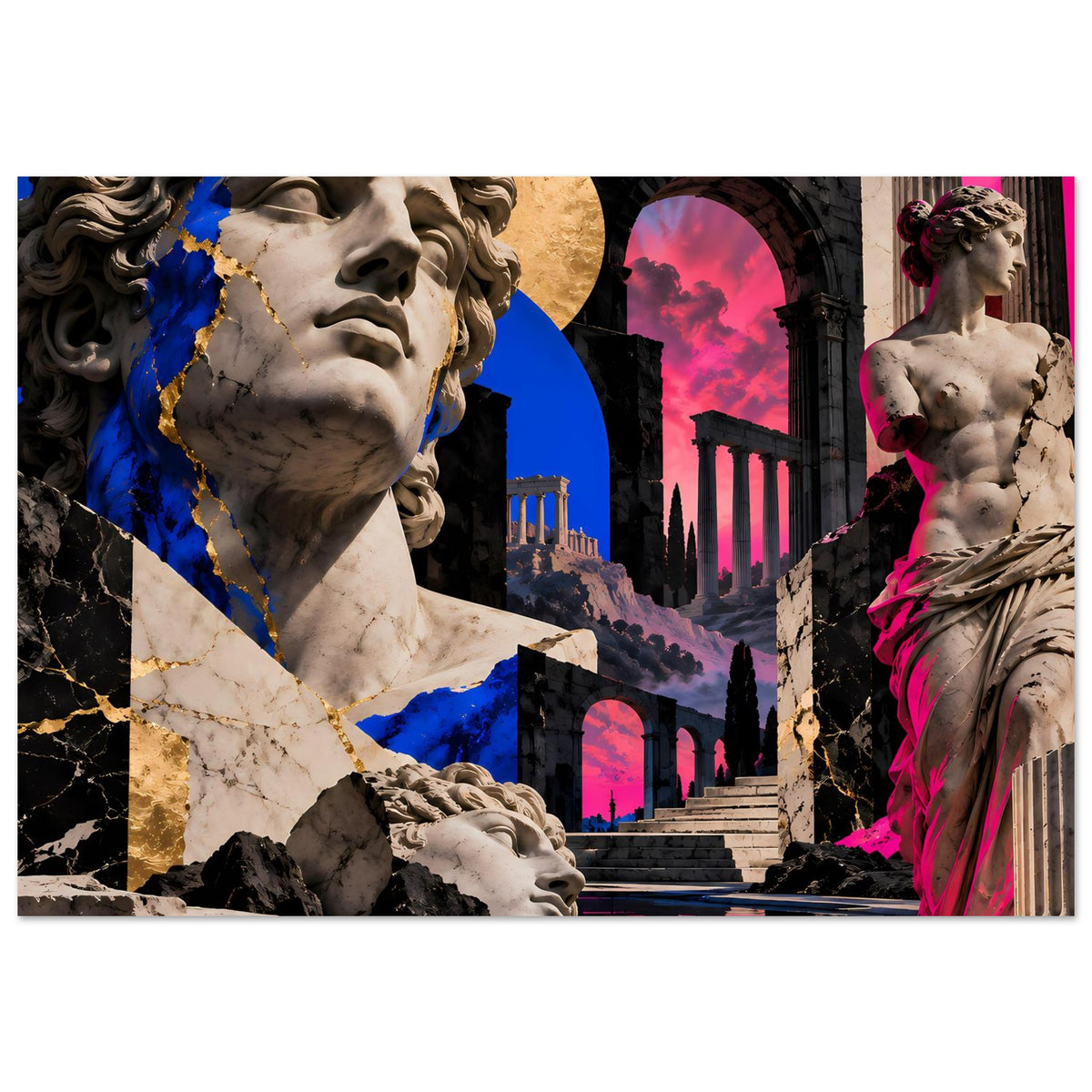 Kunstposter mit klassischer Marmorstatue links und ganzer Figur rechts, rosa-blaues Design.