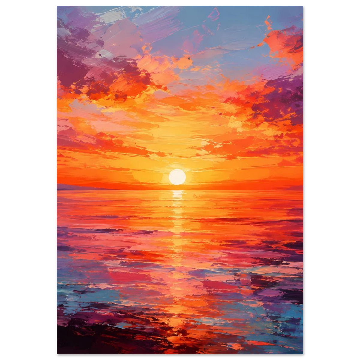 Poster Sonnenuntergang über dem Meer, leuchtende Orange- und Violetttöne, Sonne mit Spiegelung