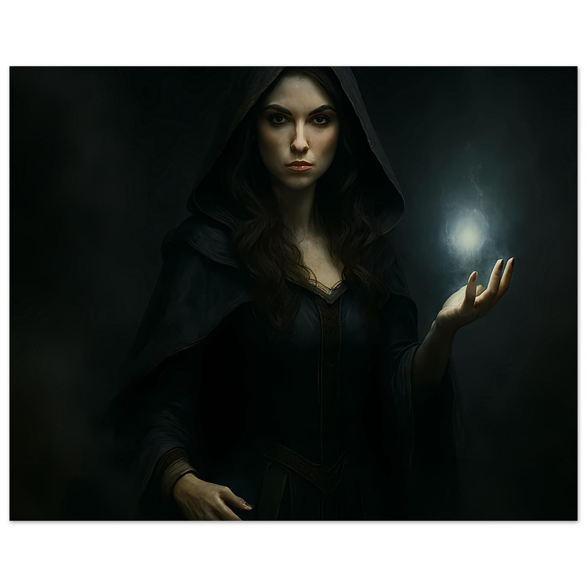 Fantasy-Poster: Zauberin in dunklem Umhang und Kapuze, seitlich beleuchtete Hand mit leuchtender Kugel