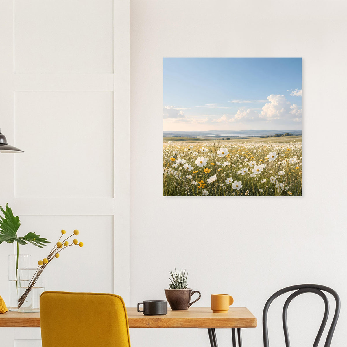 Wildblumenwiesen-Poster mit blühender Wiese, Horizont und pastelligem Wolkenhimmel