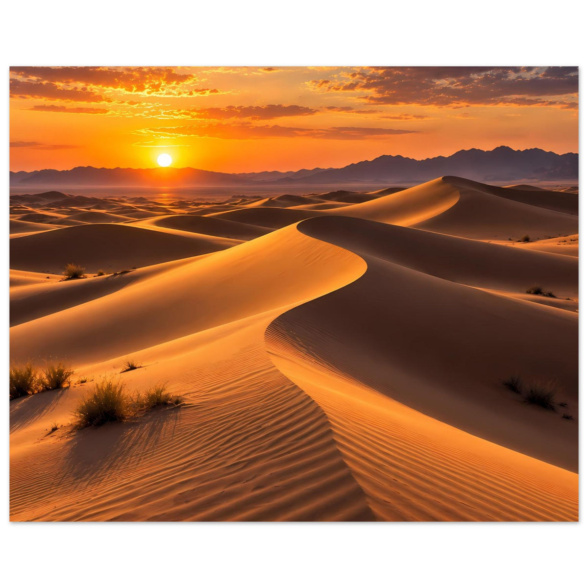 Wüsten-Sonnenuntergang-Poster im Querformat: warme Wüstendünen und tiefes Abendrot