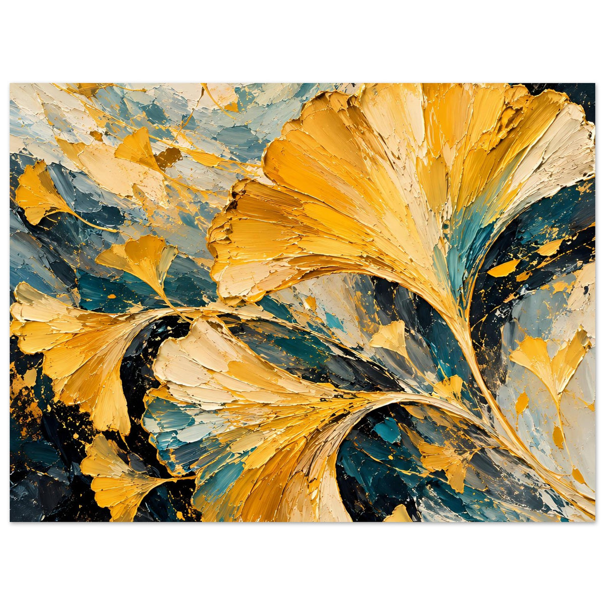 Horizontales Poster mit abstrakten Ginkgo-Blättern, goldene Formen und türkisfarbene Akzente