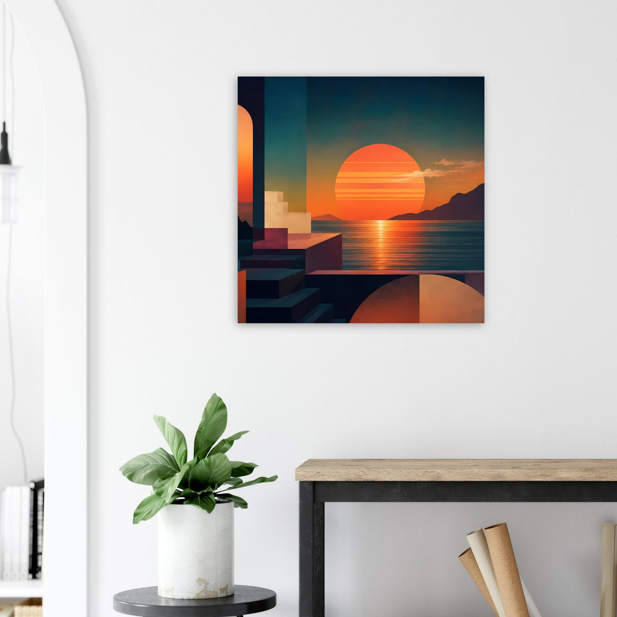 Gerahmter quadratischer Kunstdruck: Orange Sonne über Küste, reflektierendes Wasser, Blaugrün