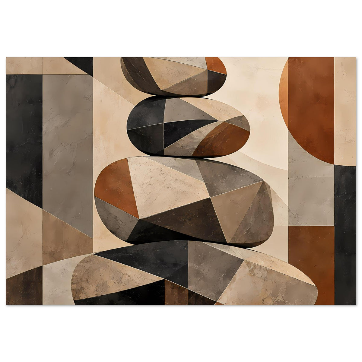 Abstraktes Poster mit geometrischem Steinstapel aus Sand- und Schwarzsegmenten