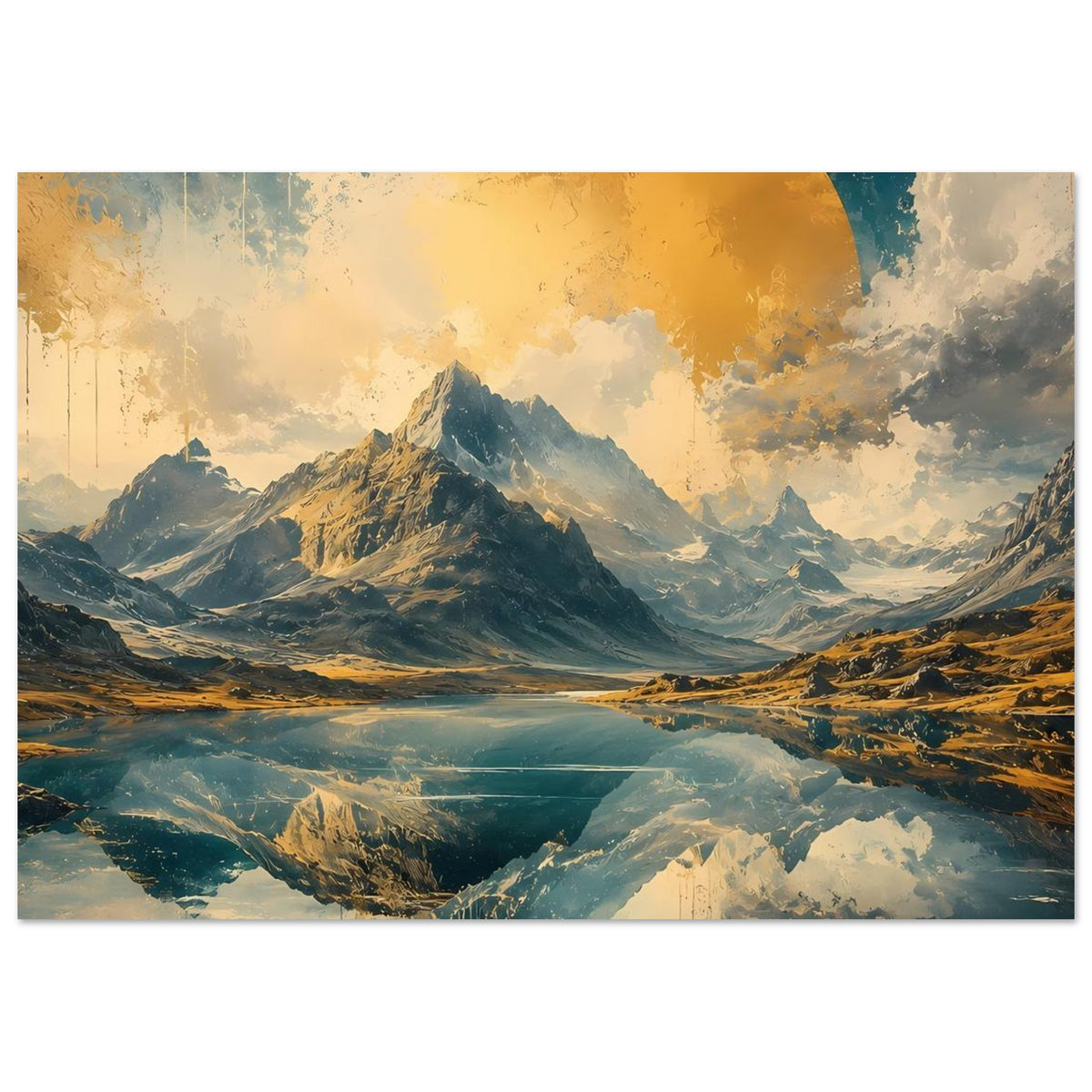 Poster mit Berglandschaft und Spiegelung, Blau- und Goldtöne, Querformat