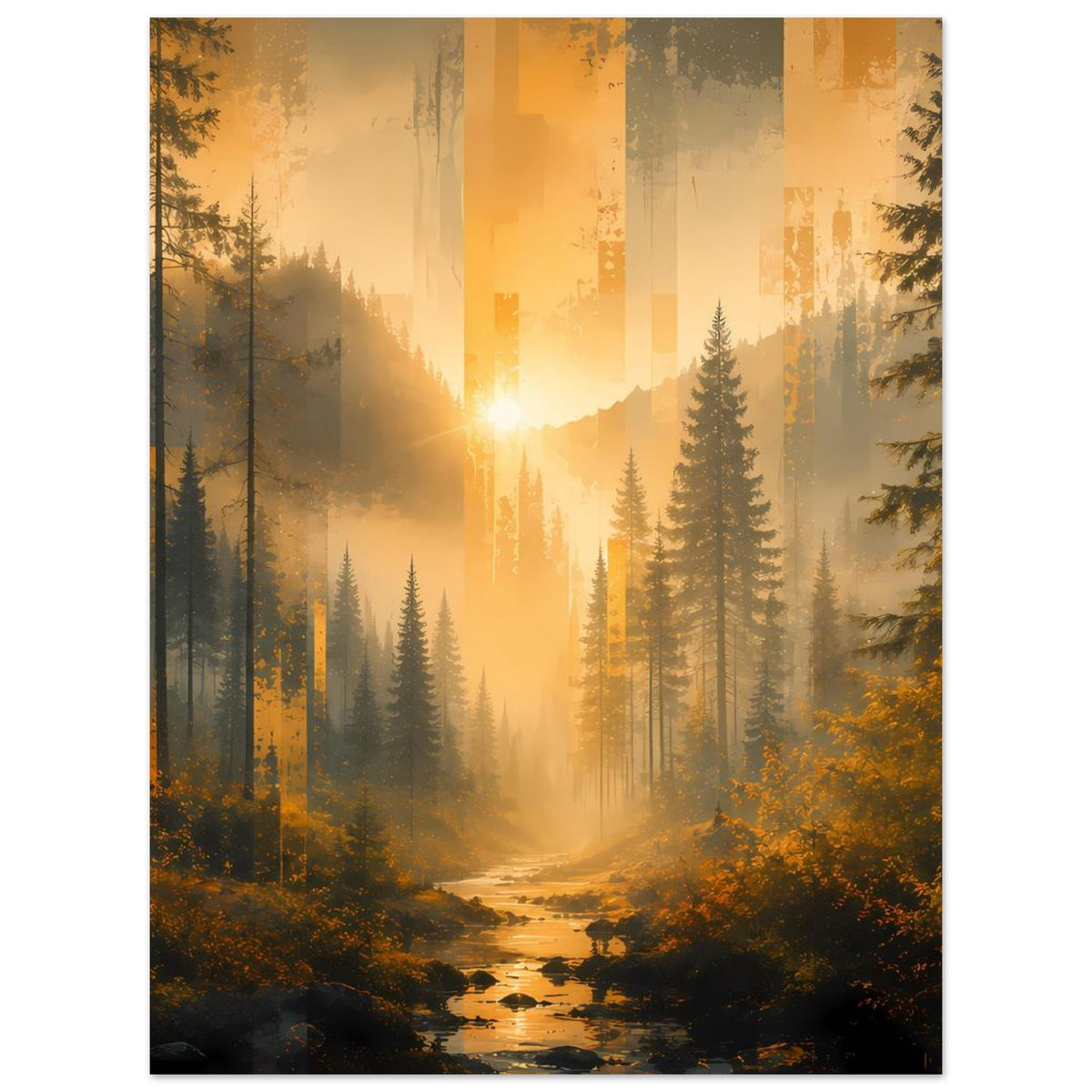 Vertikales Poster mit Waldstrom, goldene Sonne zwischen Bäumen, Fluss im Tal