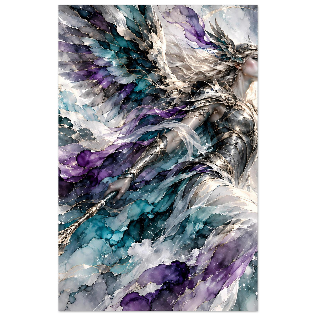 Fantasy-Poster, enger Ausschnitt: Kriegerengel mit Flügeln in Blau und Violett
