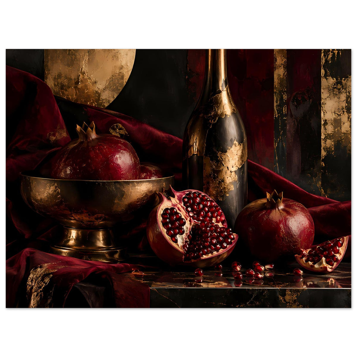 Panorama-Poster mit Granatäpfeln, goldener Flasche, Schale und aufgeschnittener Frucht
