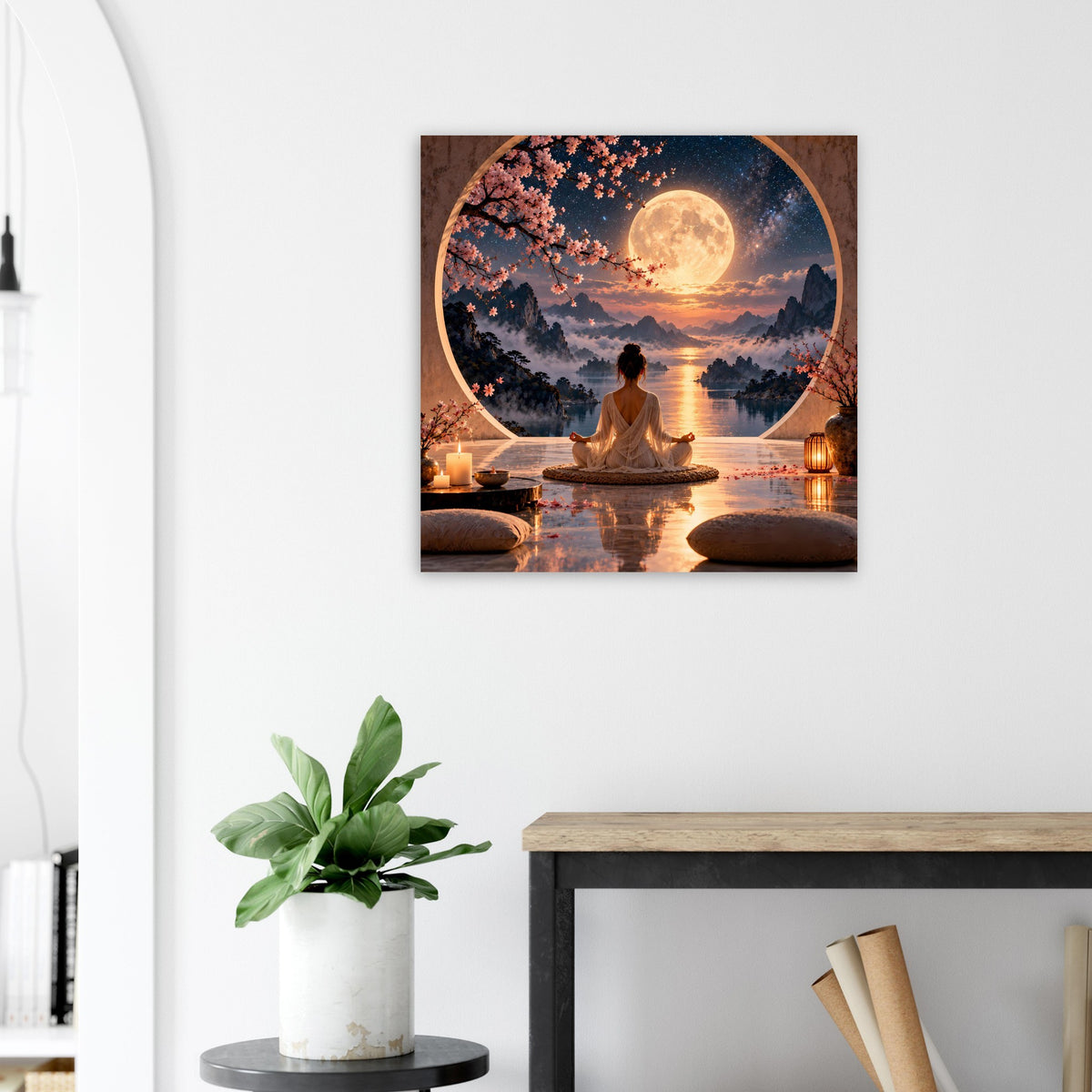Meditationsposter mit Vollmond über dem See; meditierende Person im Vordergrund.
