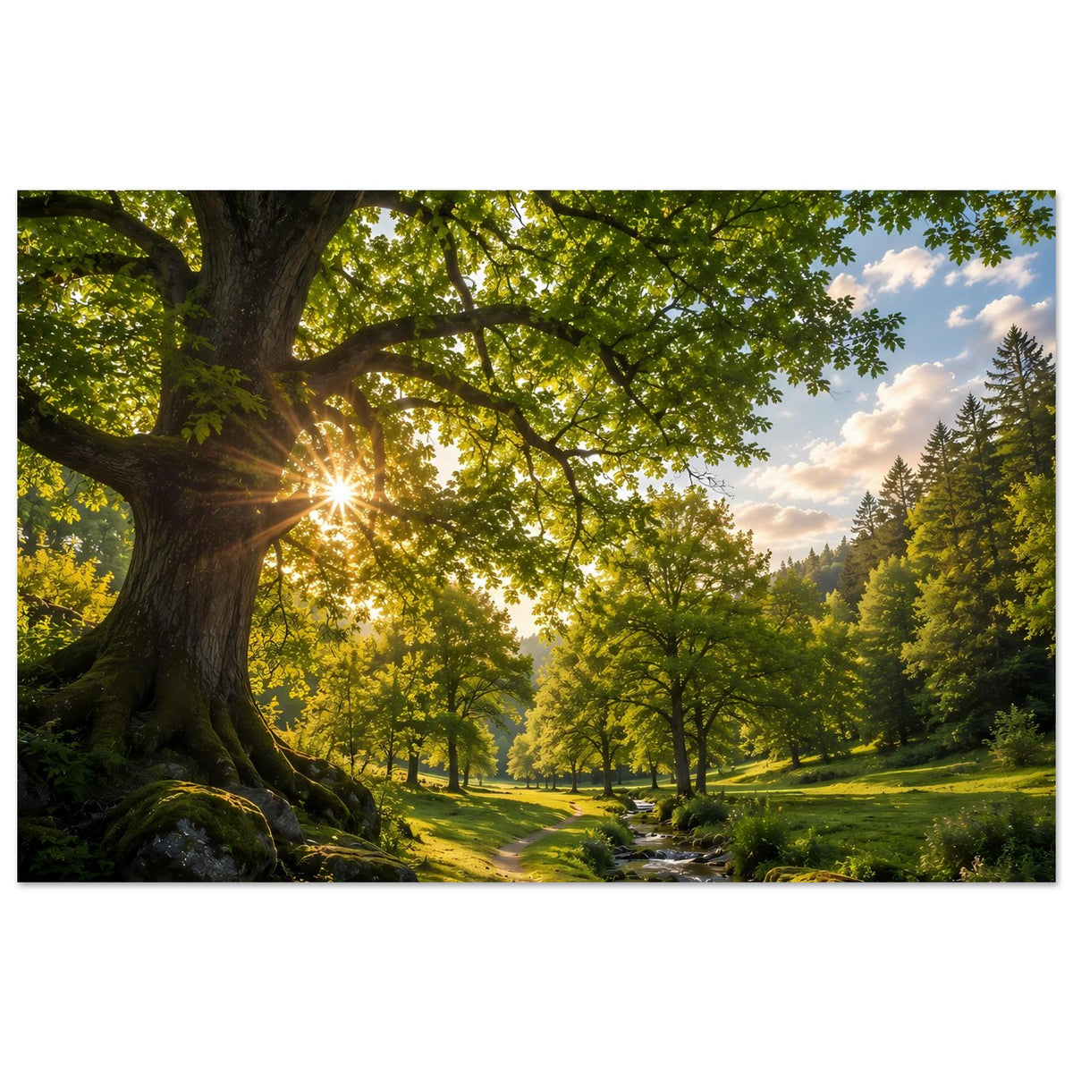 Poster im Querformat: Waldweg zwischen Bäumen, Sonnenstrahl am großen Baum links