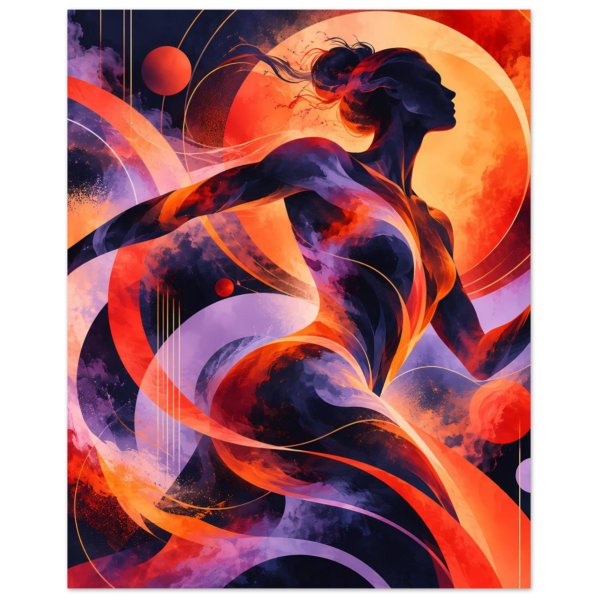 Hochformat-Poster: abstrakte weibliche Silhouette mit Feuer- und Rauchwirbeln, blau-orange.