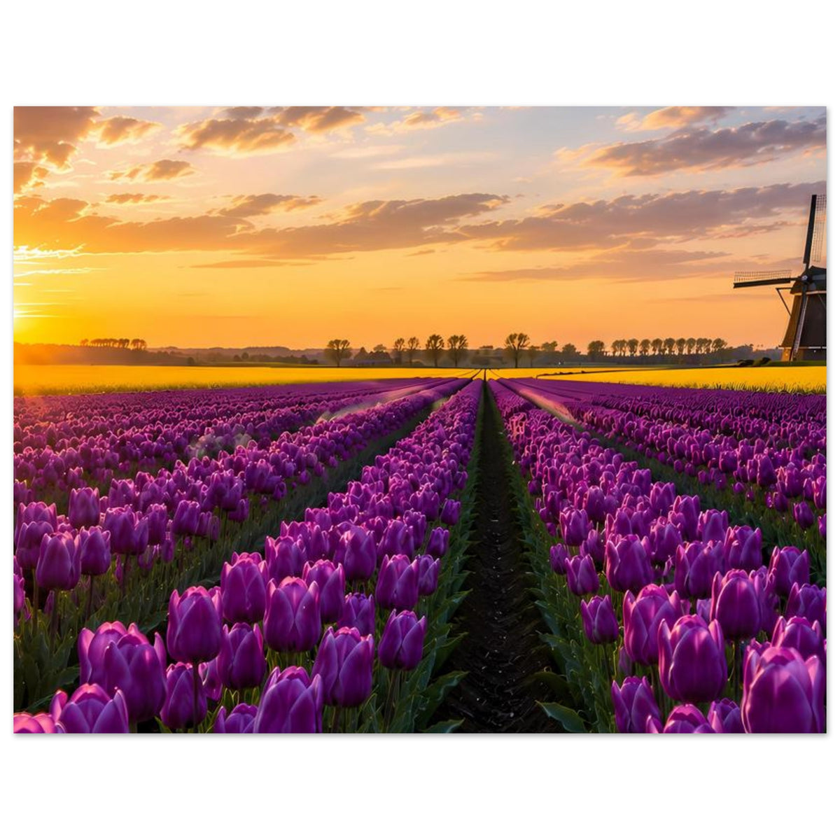 Horizontales Poster mit Tulpenfeldern in Violett und Sonnenuntergang, Windmühle rechts