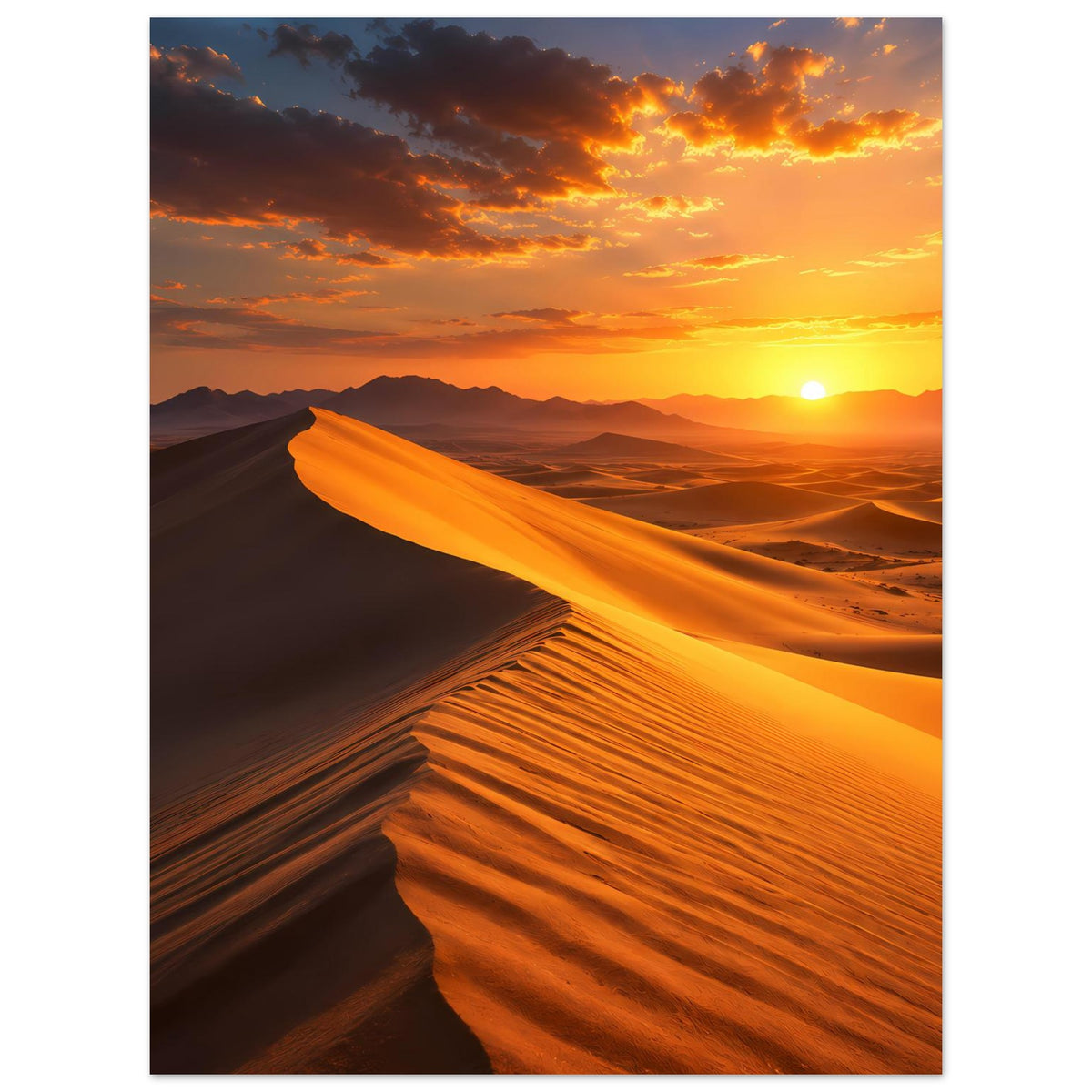 Wüstenposter mit orangefarbenem Sonnenball und Dünen, Sonnenuntergang, vertikal