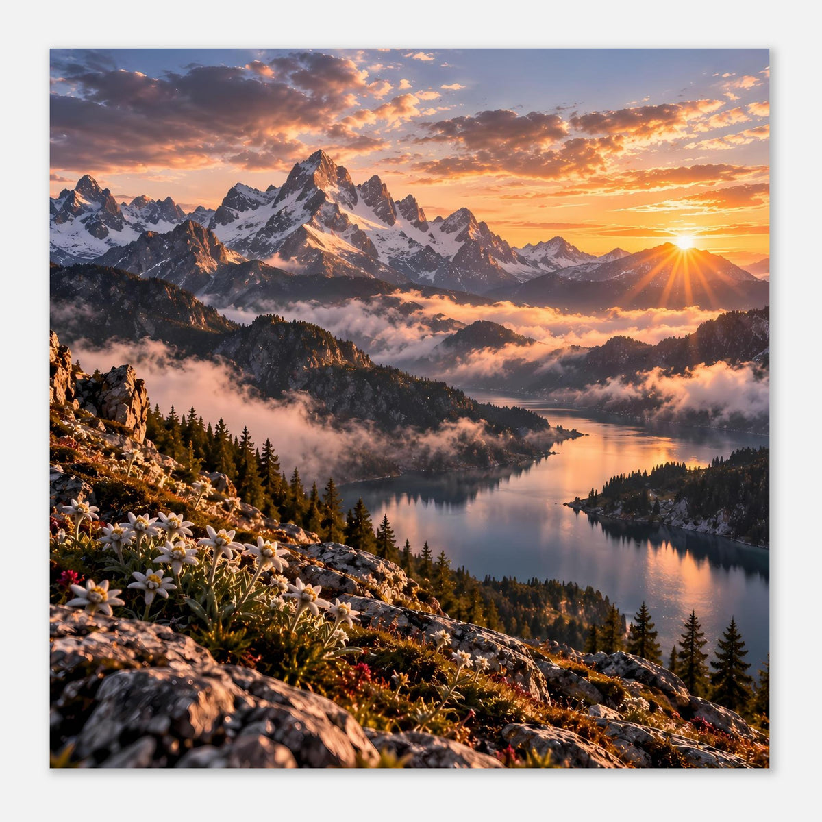 Bergsee-Poster im Querformat mit Alpenblick, Sonnenaufgang und spiegelndem See